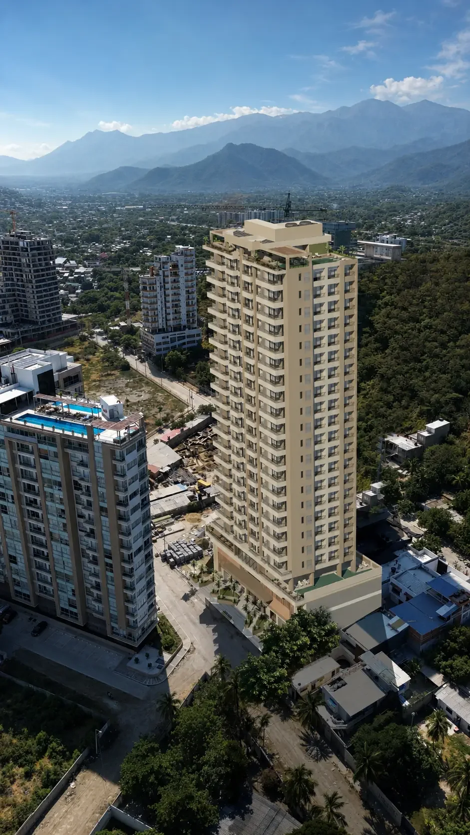 Torre de Verona Beach y la bahía de Santa Marta vistas desde el aire