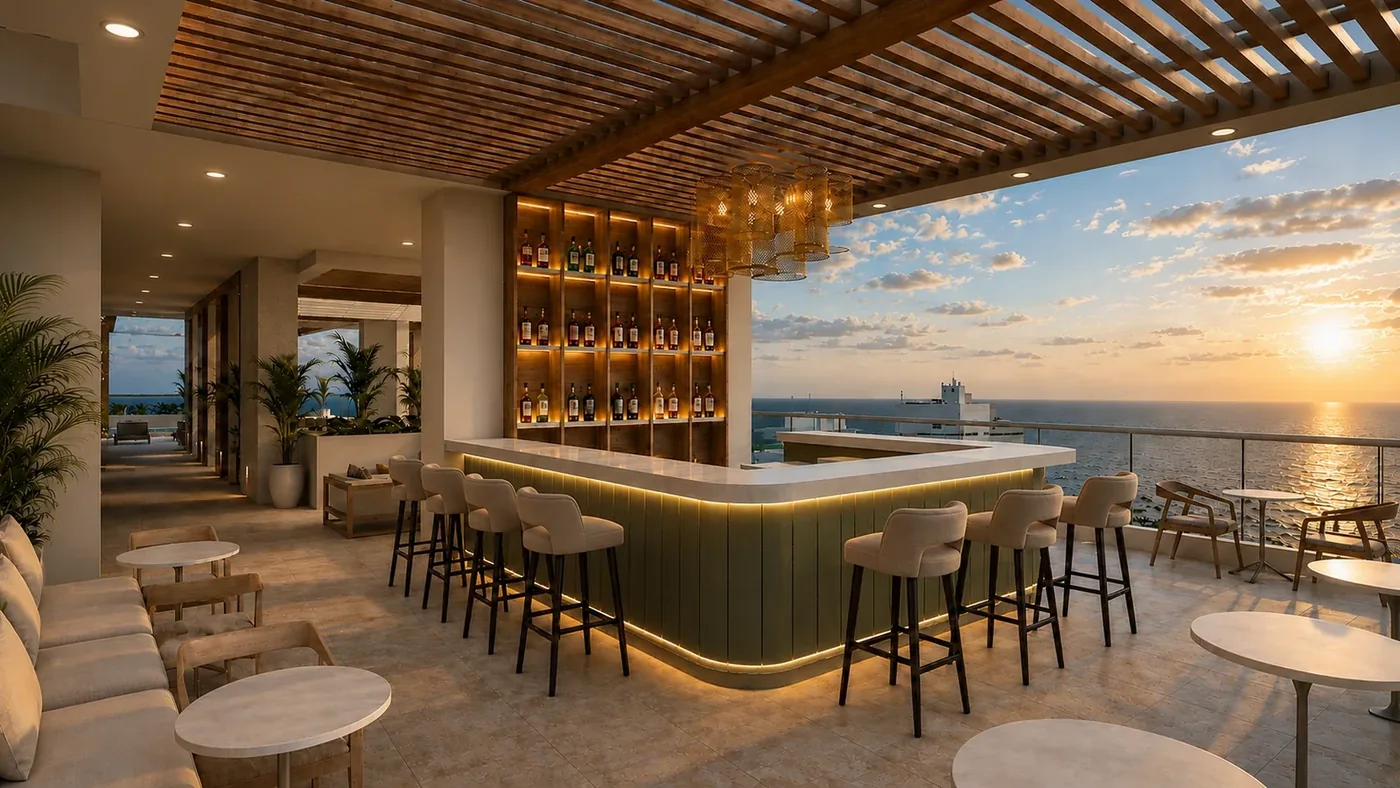 Verona Beach rooftop bar lounge at sunset
