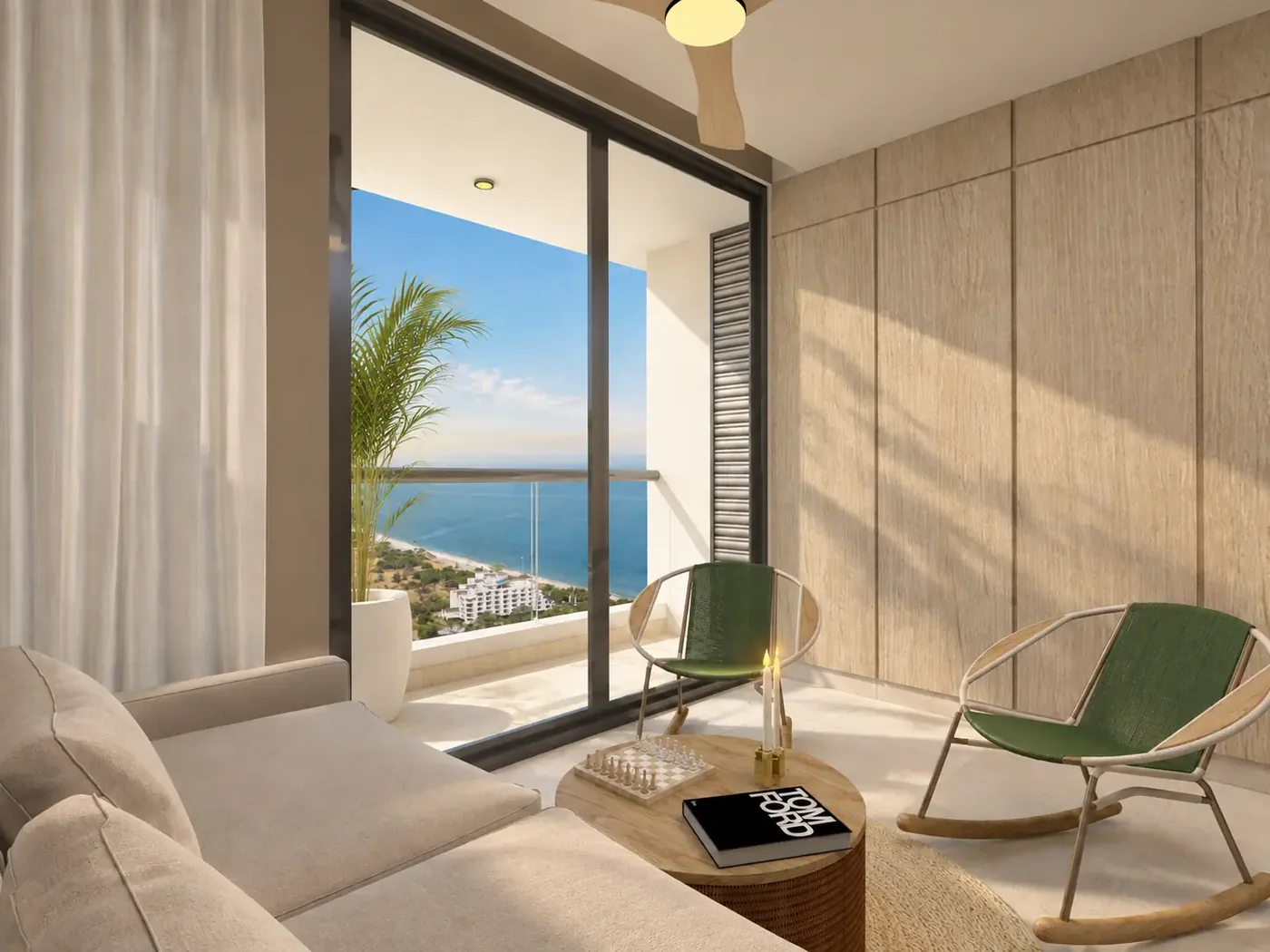 Living room of a Verona Beach apartasuite with a beach view