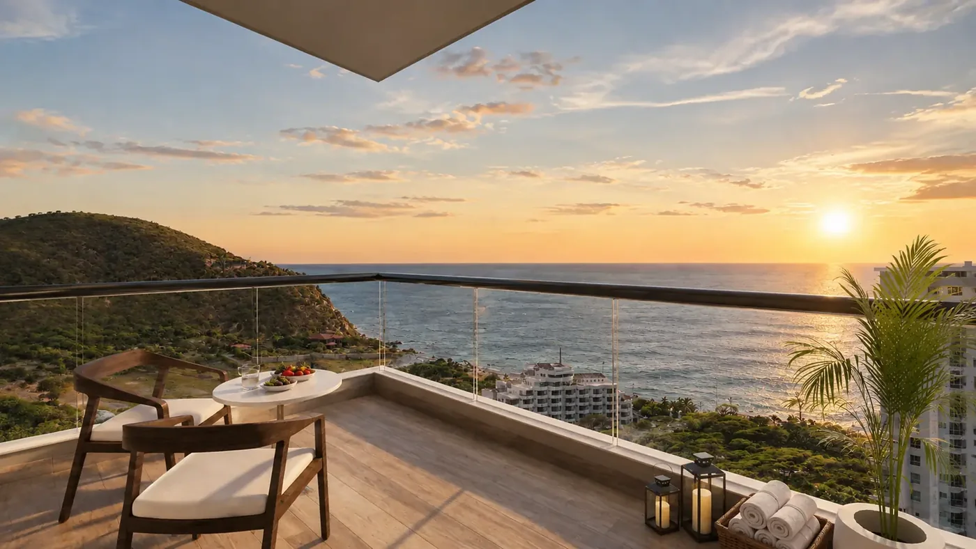 Verona Beach balcony at sunset over the Caribbean Sea