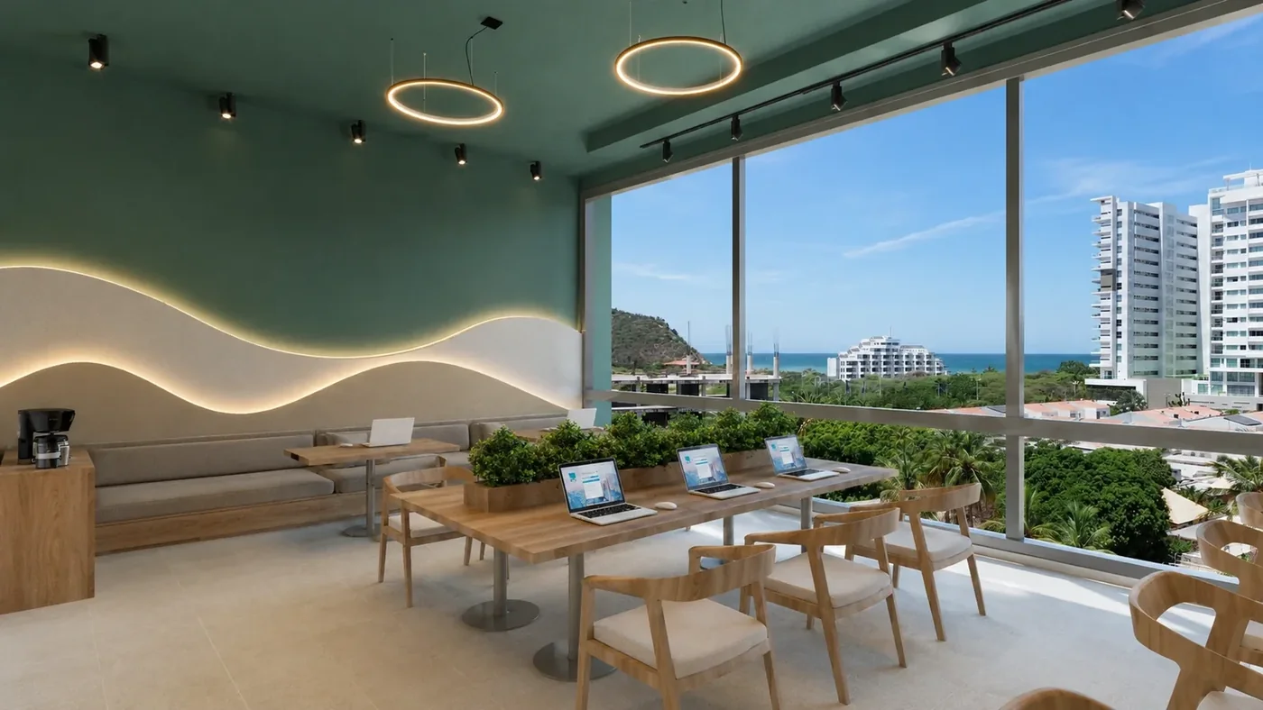 Verona Beach coworking space with a city view